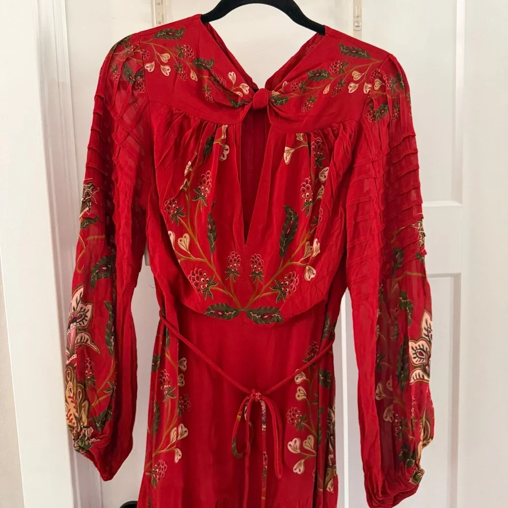 Farm Rio Berry Garden Red Floral Long Sleeve Pleated Maxi Dress Small NWT 310758 - Picture 3 of 9